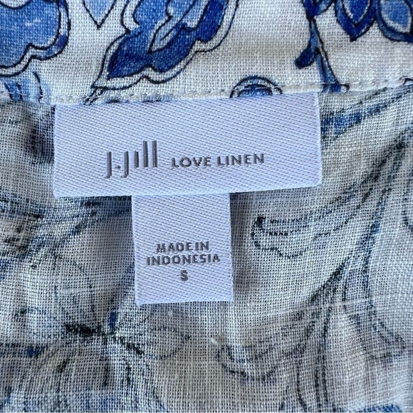 J. Jill Pintucked Printed Linen Popover White Mosaic Jacobean Bell Sleeves Small - Picture 9 of 10